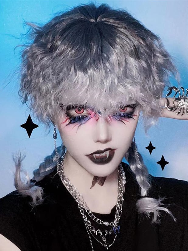 Ombre Hair Color Dusty Blue Curly Boy Style Wig