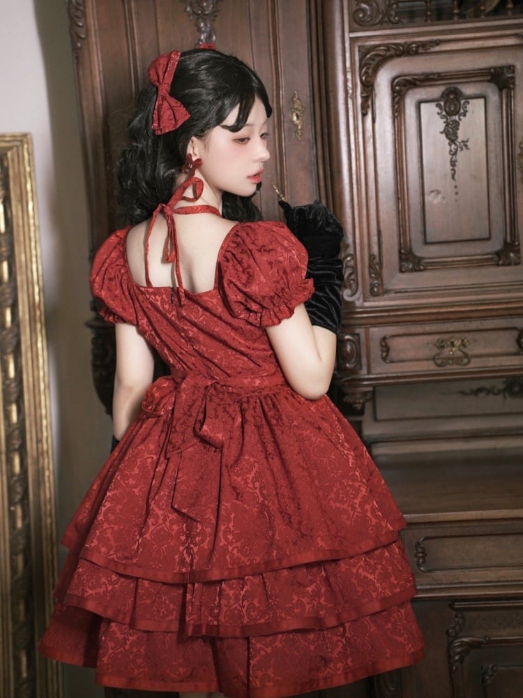 Red Basque Waist Party Dress Tiered Ruffle Hemline One Piece