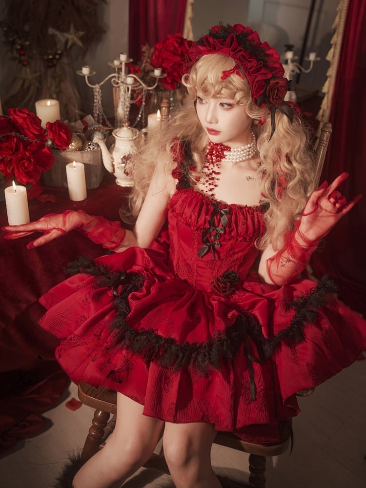 New Year Red Corset Waist Butterfly Print Jumper Skirt - Sukuroi