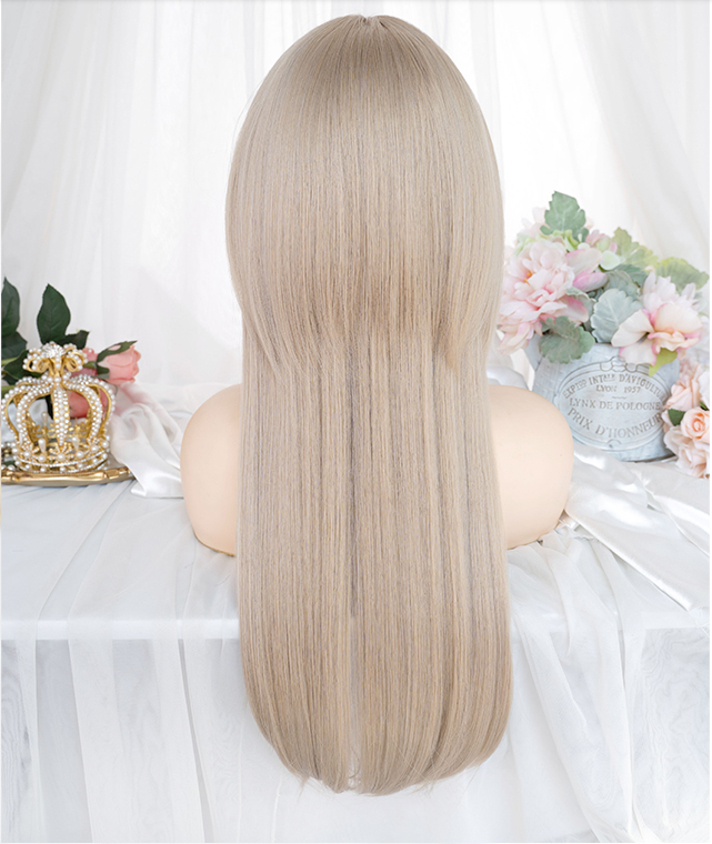 Waist Length Straight Princess Cut Ash Blonde Synthetic Wig