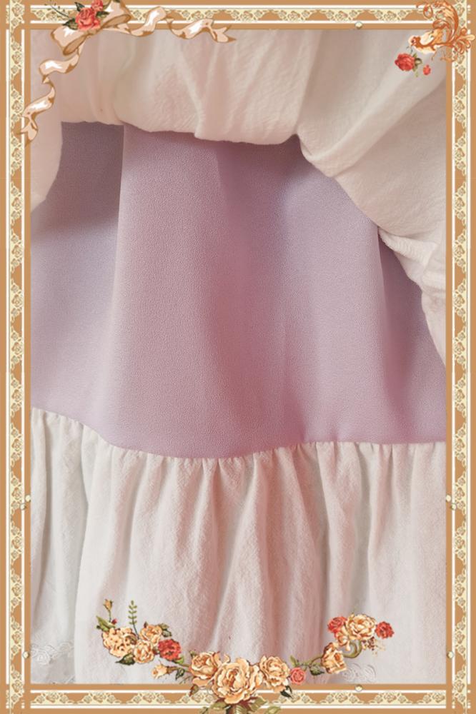 Inner lining detail of white Cake Tree Tiered Flounce Skirt with soft lavender fabric contrast