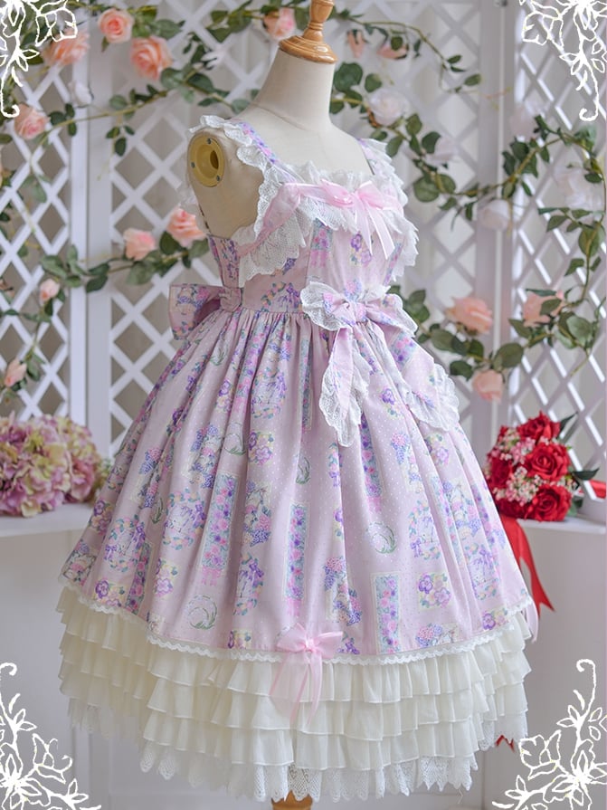 Ready to Ship-Pink Jumper Skirt Floral Print Square Neckline Tiered Skirt and Ruffle Trim