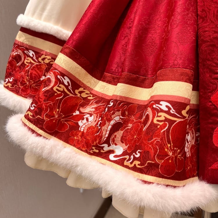 New Year Red Floral Embroidery One Piece Cheongsam Style Qi Lolita Winter Dress - Sukuroi