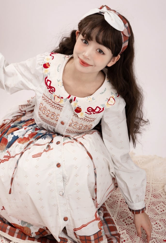 White Apple and Plaid Print Front Button Placket Autumn One Piece