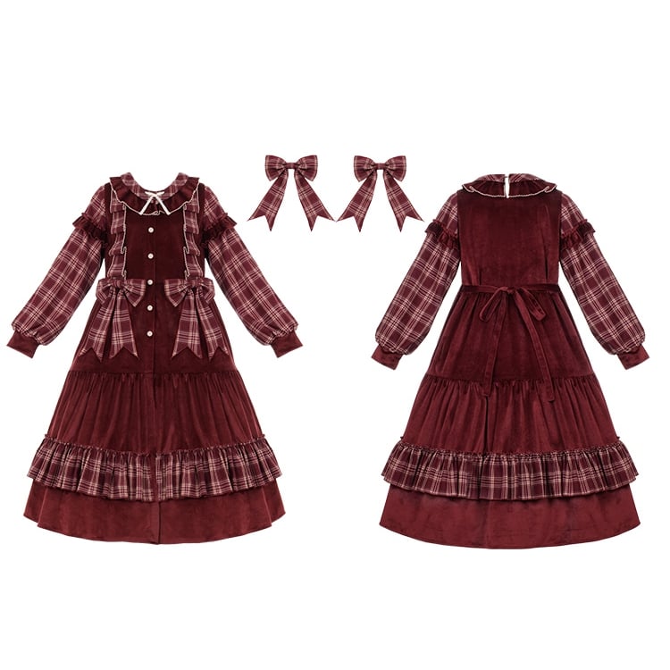 Red Plaid Pattern Christmas Winter Dress Removable Bowknots One Piece