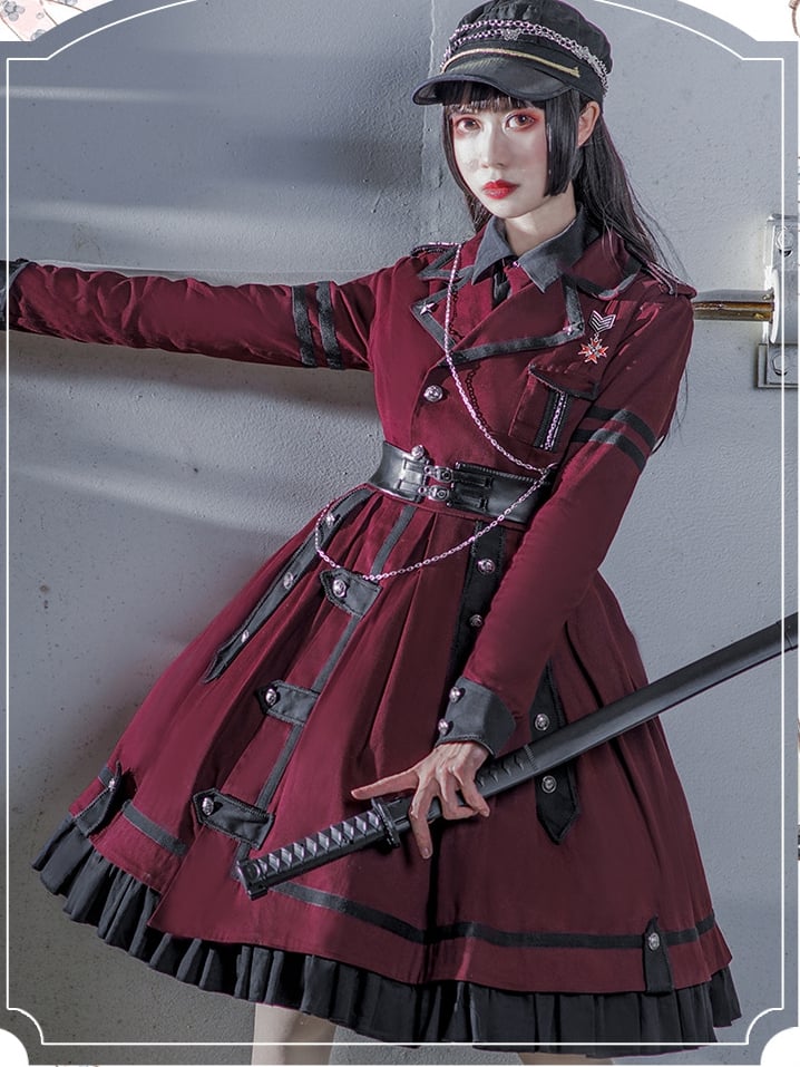 Military Style Outfits-Wine Red One Piece / Black Shirt / Black Cape