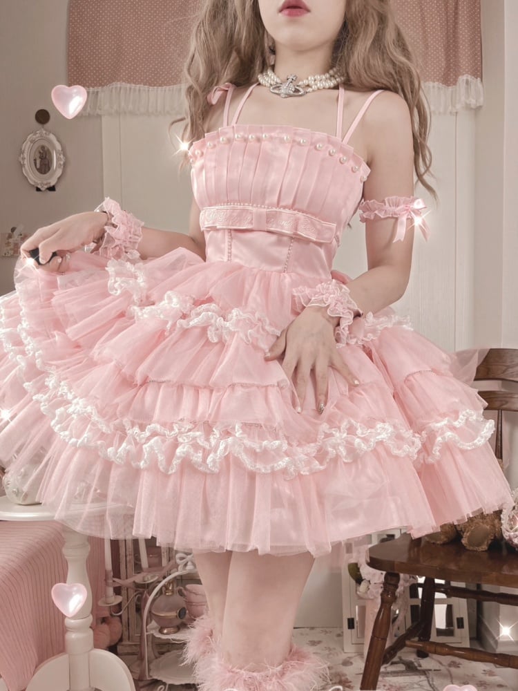 Light Pink Balletcore Princess Dress Pleating Details Bodice Puffy Skirt Jumper Skirt