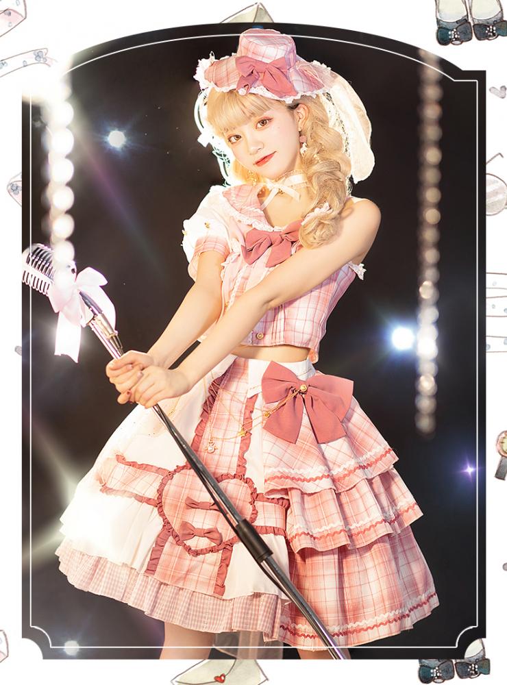 Pink Sniper Asymmetrical Neckline Top+ Tiered Skirt and Ruffle Trim SK Set