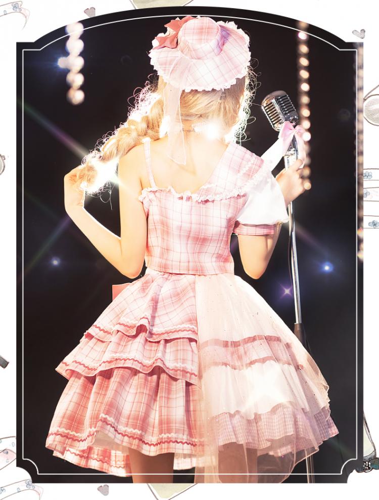 Pink Sniper Asymmetrical Neckline Top+ Tiered Skirt and Ruffle Trim SK Set