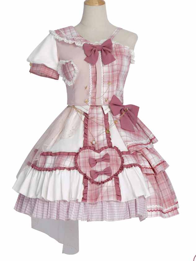 Pink Sniper Asymmetrical Neckline Top+ Tiered Skirt and Ruffle Trim SK Set