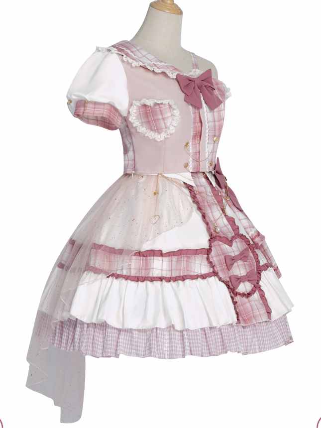 Pink Sniper Asymmetrical Neckline Top+ Tiered Skirt and Ruffle Trim SK Set