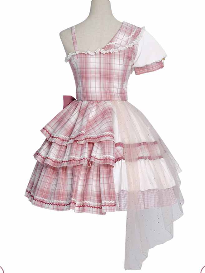 Pink Sniper Asymmetrical Neckline Top+ Tiered Skirt and Ruffle Trim SK Set