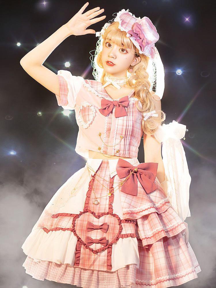 Pink Sniper Asymmetrical Neckline Top+ Tiered Skirt and Ruffle Trim SK Set