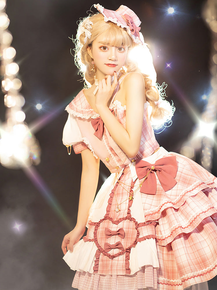 Pink Sniper Asymmetrical Neckline Top+ Tiered Skirt and Ruffle Trim SK Set