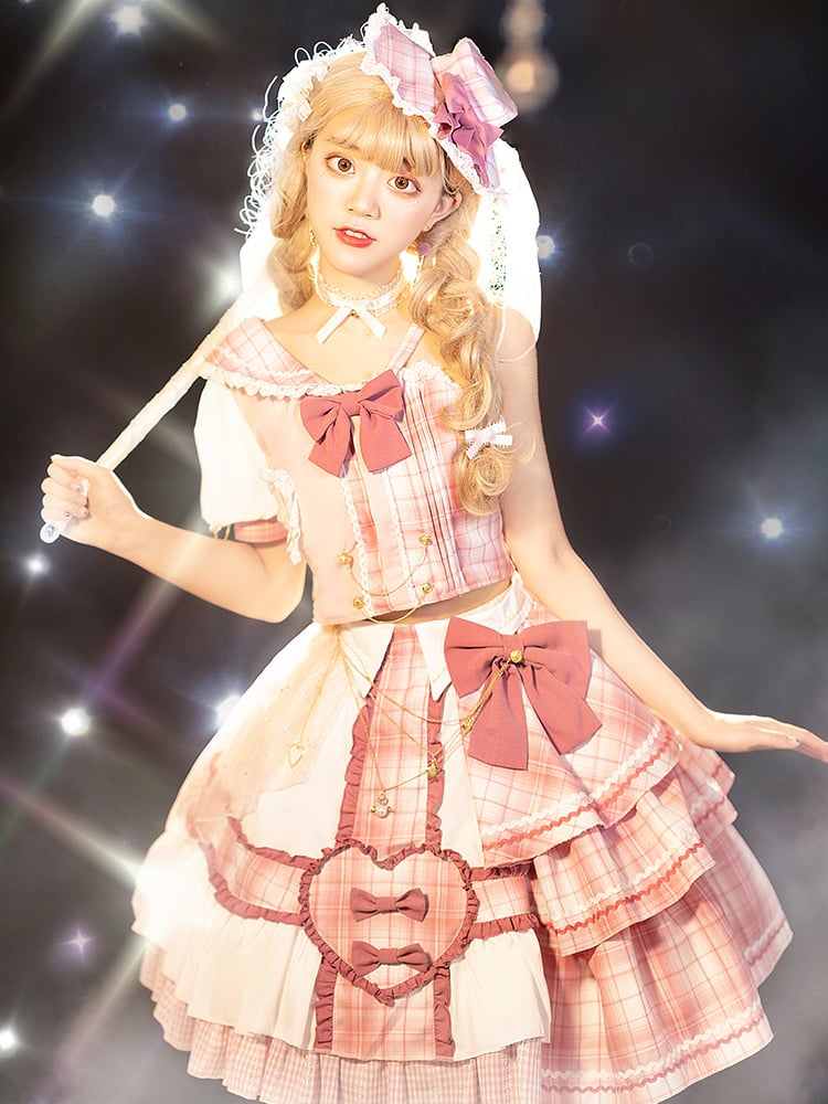 Pink Sniper Asymmetrical Neckline Top+ Tiered Skirt and Ruffle Trim SK Set