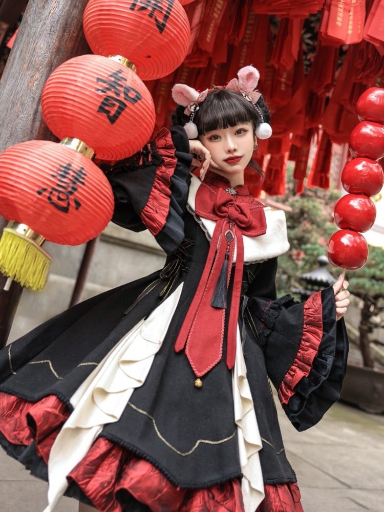 Black and Red Cheongsam Collar One Piece Full Set