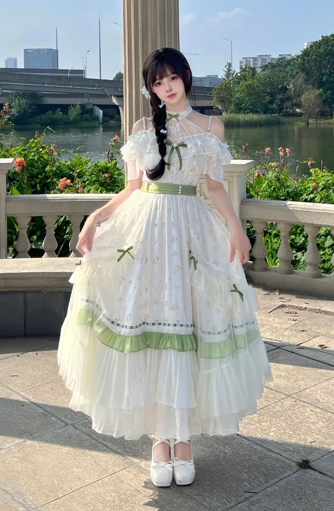 Illusion Neckline Elegant Floral Dress White and Green High Waist Classic One Piece
