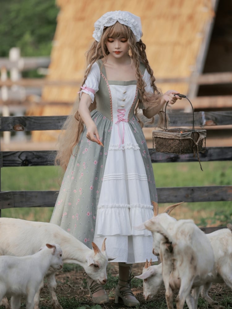 Sqare Neckline White and Green Rose Print One Piece