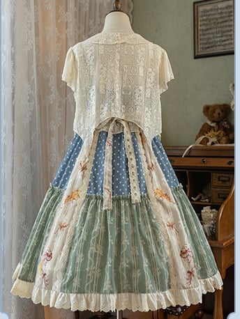 Squirrels Print Patchwork Jumper Skirt Cottagecore Country Dress/Lace Top