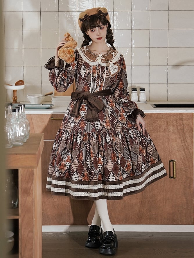 Teddy Diamond Pattern Print Brown Dress for Autumn and Winter