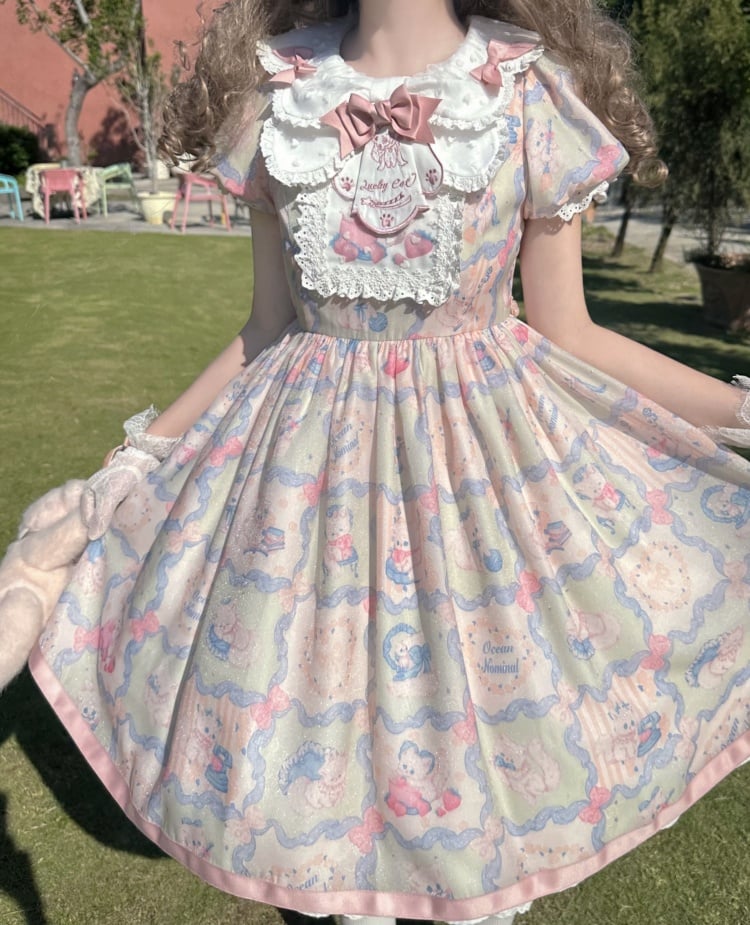 Pink and Green Sweet Kitty Print High Waist One Piece - Sukuroi