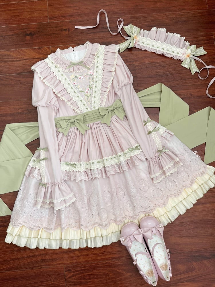 Pink Spring Orchid Embroidery One Piece Embroidered Trim Hemline - Sukuroi