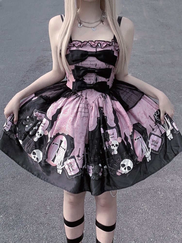 Skull and Coffin Print Boned Basque Waist Jumper Skirt Pink and Black