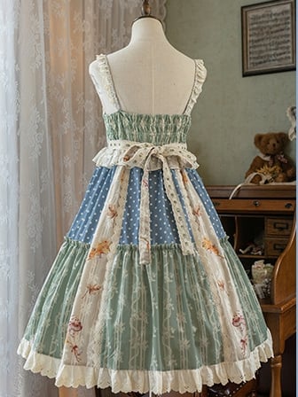 Squirrels Print Patchwork Jumper Skirt Cottagecore Country Dress/Lace Top