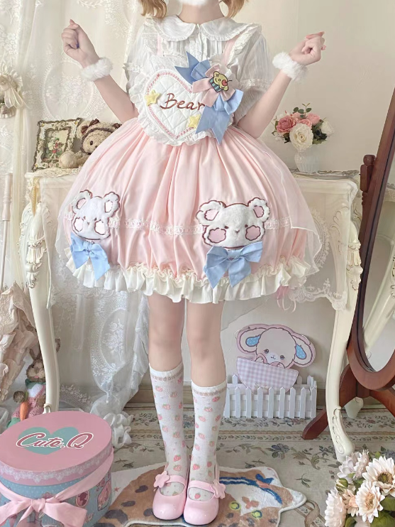 Sweetheart Bodice Pink Sweet Teddy Overalls + Bowknot Train + Brooch Set