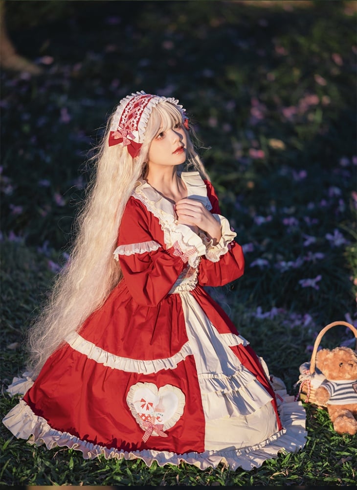 Red Picnic Basket Print Cottagecore Country One Piece - Sukuroi