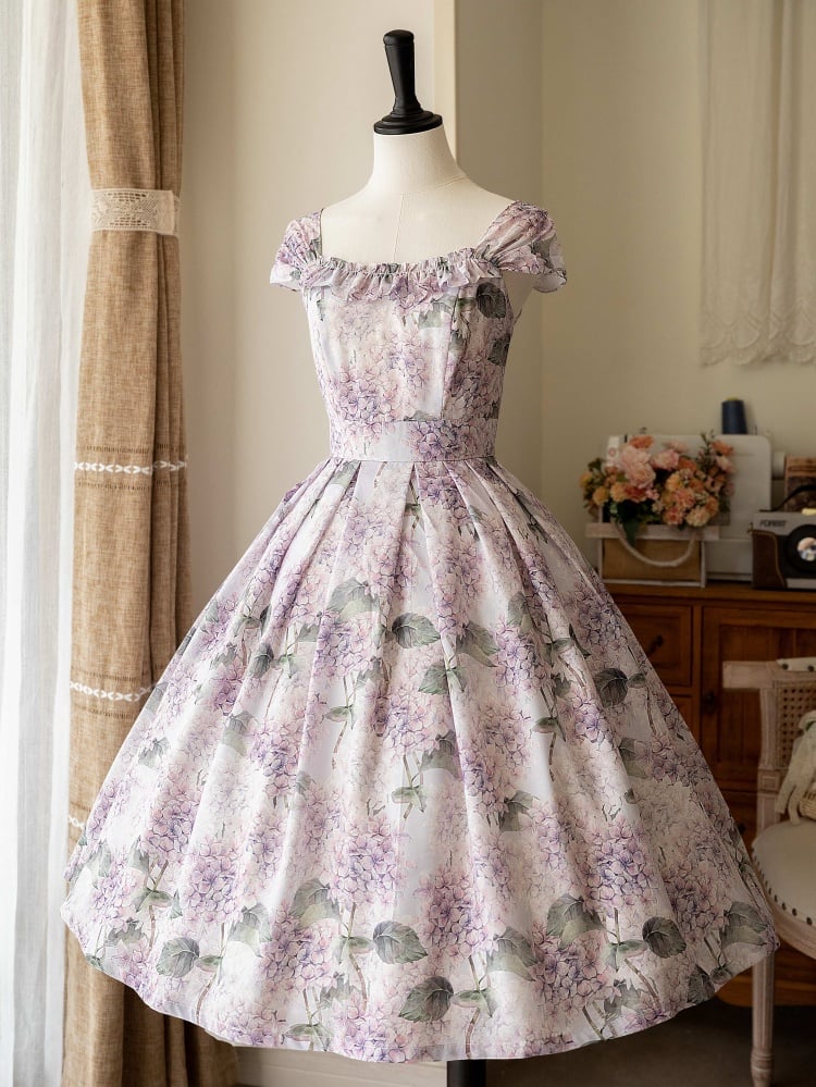 Purple Hydrangea Print Jumper Skirt Spring Summer Dress
