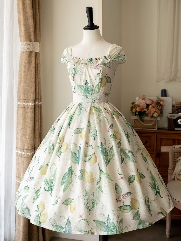 Yellow and Green Lemon Print Jumper Skirt Spring Summer Dress