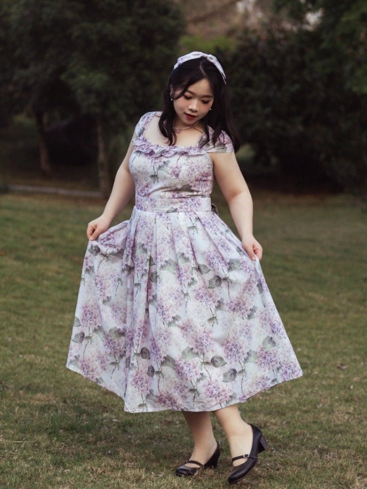 Purple Hydrangea Print Jumper Skirt Spring Summer Dress