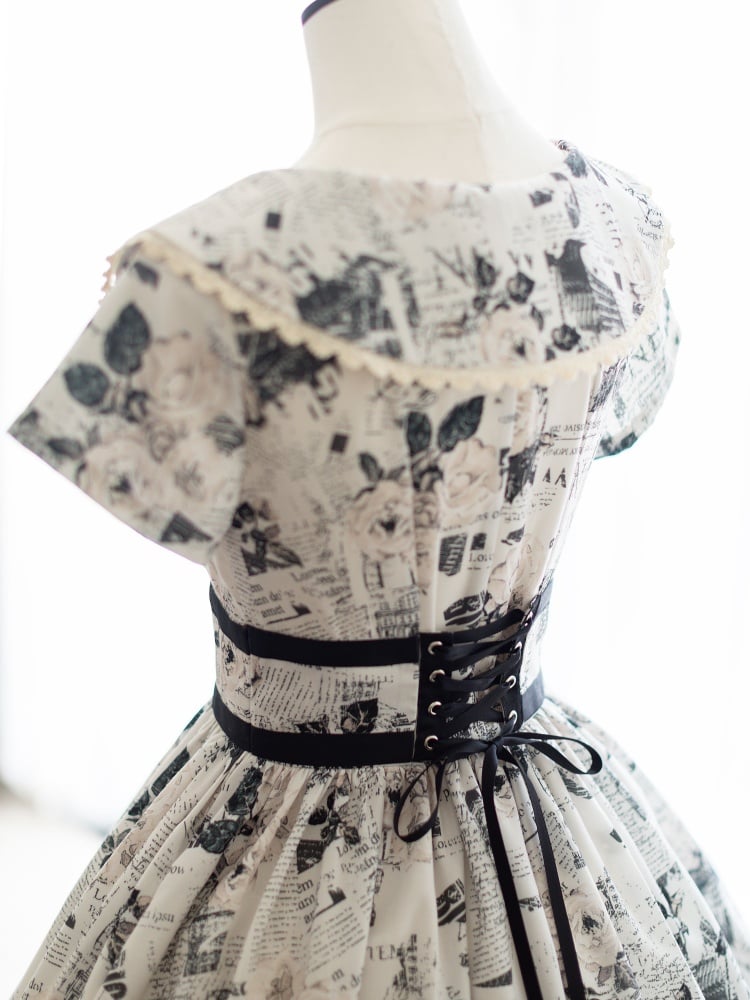 Retro Newspaper Print Summer Dress White and Black One Piece