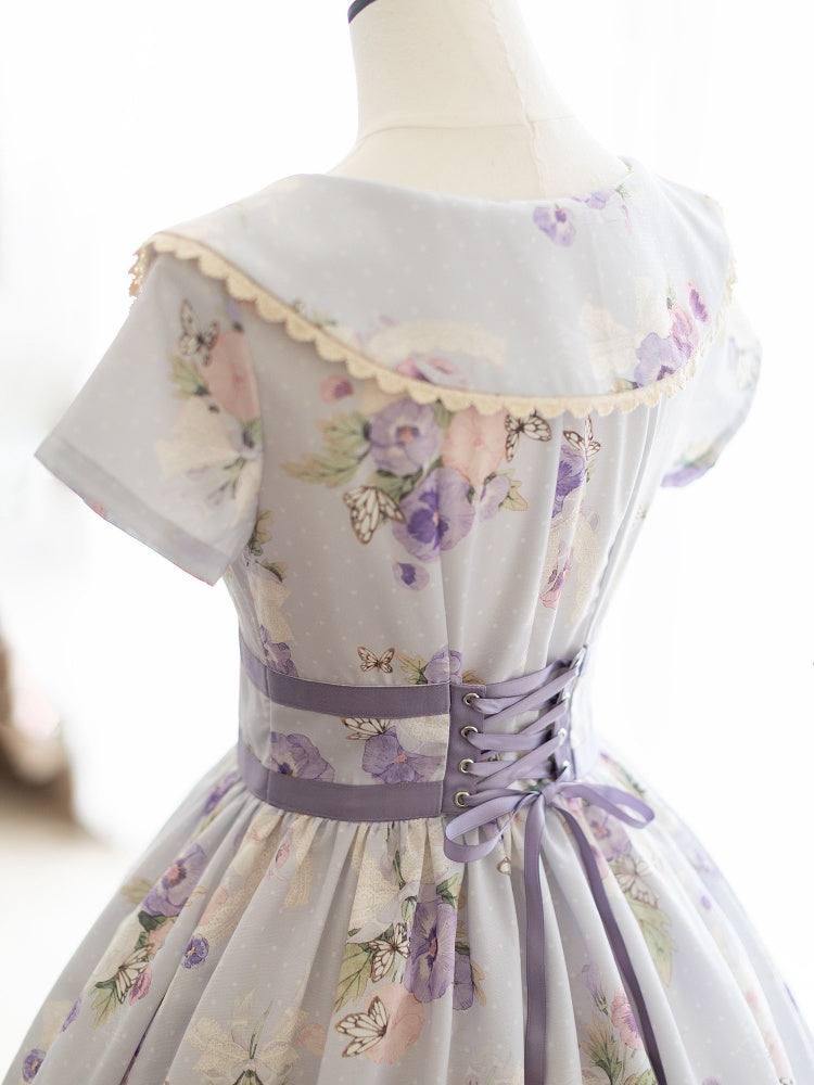Pansy and Butterfly Print Summer Floral Dress One Piece
