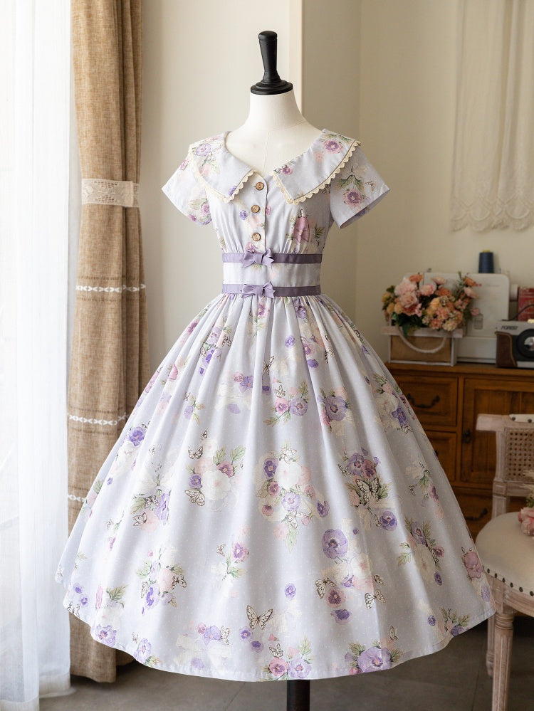 Pansy and Butterfly Print Summer Floral Dress One Piece