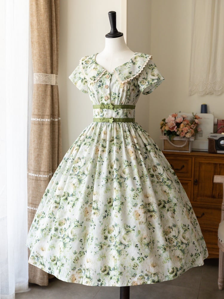 Summer Floral Print Dress Green Elegant One Piece