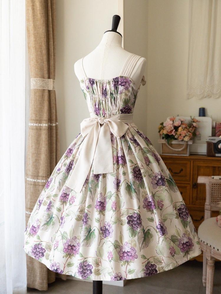 Summer Grape Print Dress High Waist Jumper Skirt