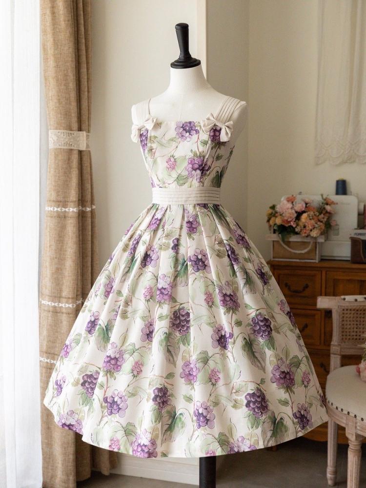 Summer Grape Print Dress High Waist Jumper Skirt