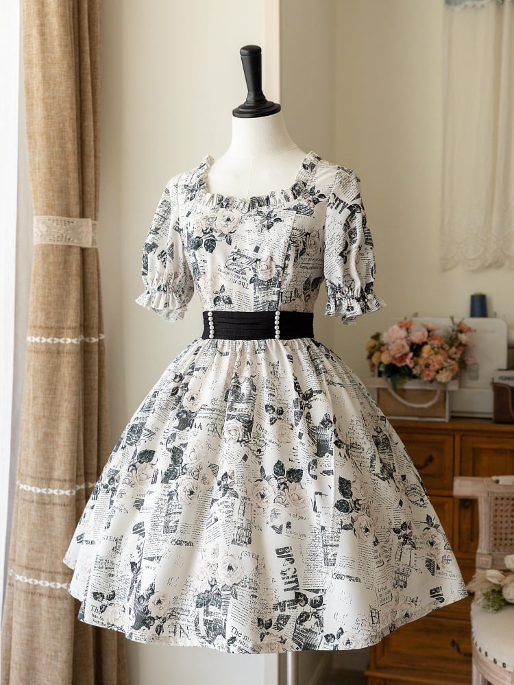 Ruffle Square Neckline Newspaper Print One Piece White and Black