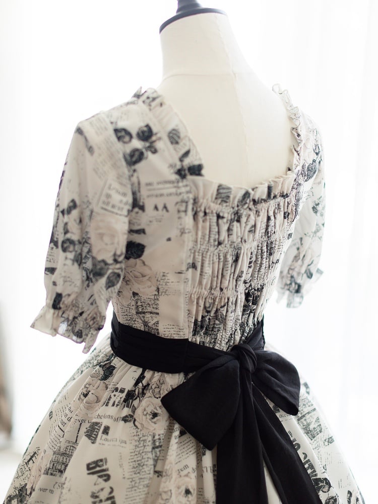 Ruffle Square Neckline Newspaper Print One Piece White and Black