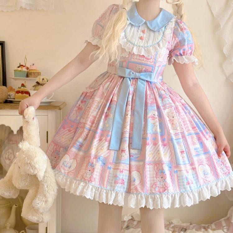 Pink Sweet Teddy and Bunny Print Peter Pan Collar One Piece