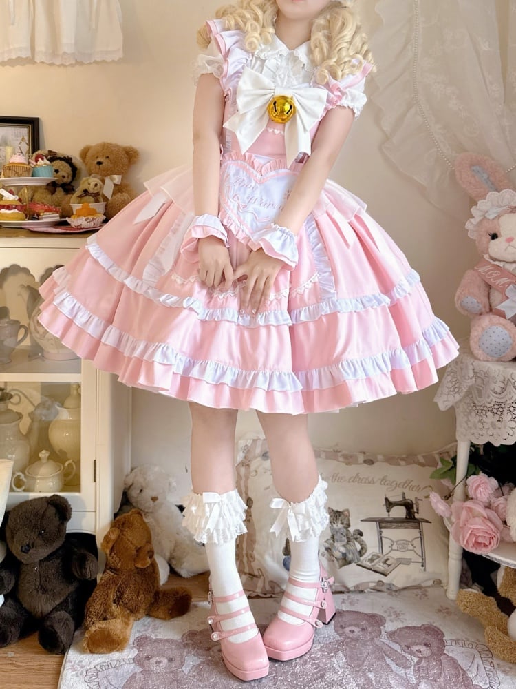Pink High Waist Jumper Skirt with Heart Apron and Wristcuffs