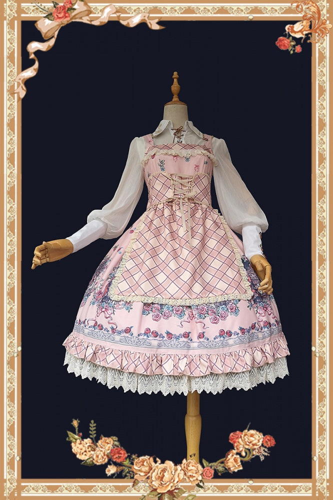 Front view of pink Little Red Riding Hood jumper skirt with white blouse