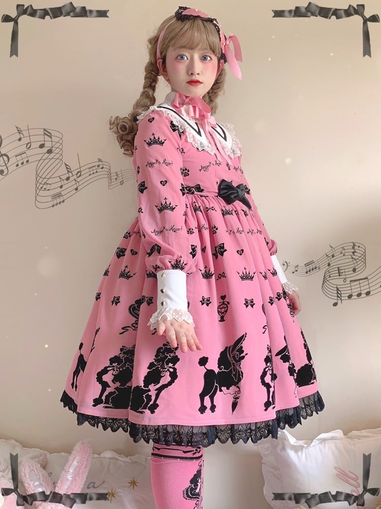 Pink Cute Poodle Print Bowknot Detail Lace Trim Long Sleeves One Piece