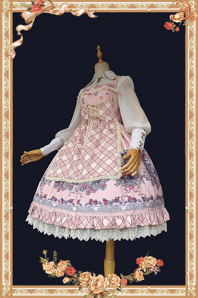 Side view of pink Little Red Riding Hood jumper skirt with white blouse