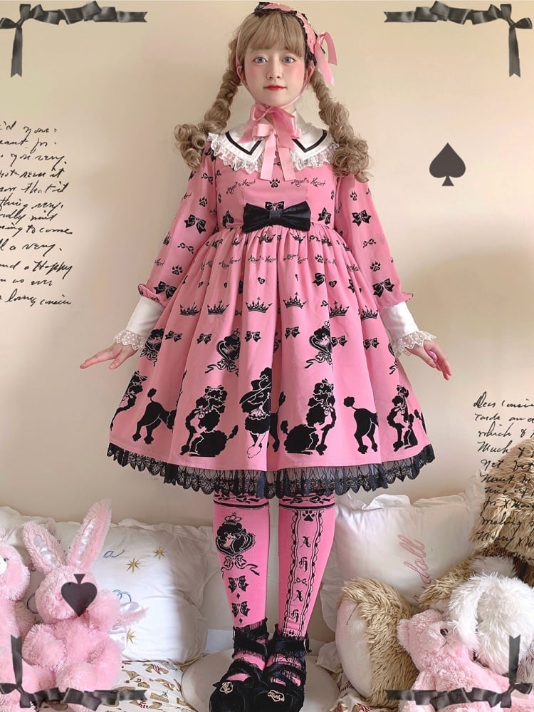 Pink Cute Poodle Print Bowknot Detail Lace Trim Long Sleeves One Piece
