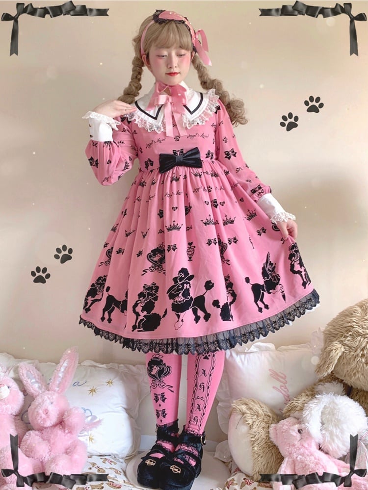 Pink Cute Poodle Print Bowknot Detail Lace Trim Long Sleeves One Piece
