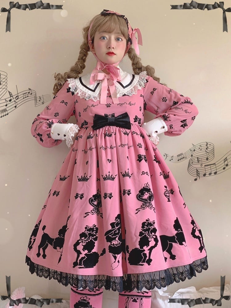 Pink Cute Poodle Print Bowknot Detail Lace Trim Long Sleeves One Piece