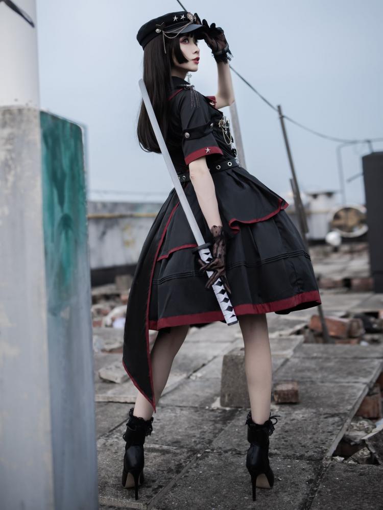 Back view of woman in black Gothic military outfit